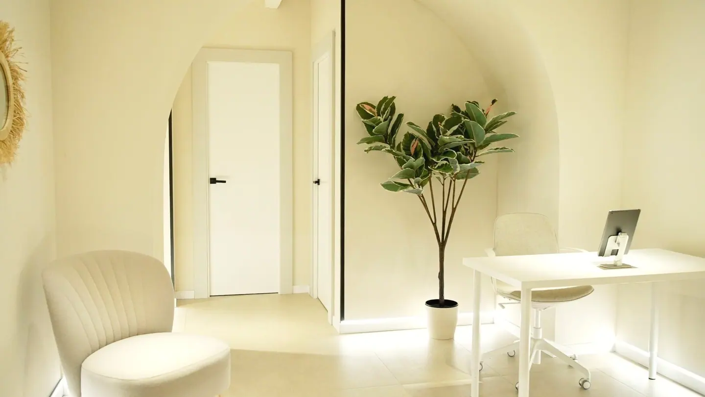The consultation room at 36 Engineer Lane: a barrel-vaulted pale room with a cream armchair, a rubber plant and a desk, lit along the skirting.